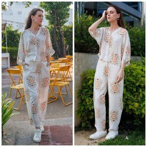 Zink London White Floral Printed Kimono Top & Printed Parallel Trouser Set Sz L